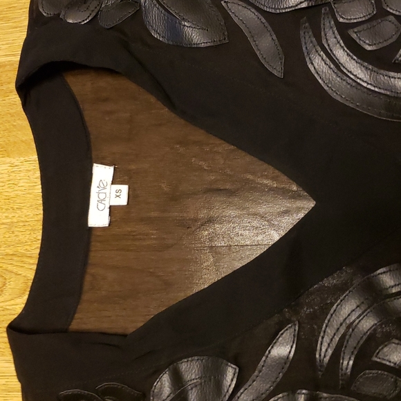 VTG Cache sheer black top with faux leather applique XS - Picture 3 of 4